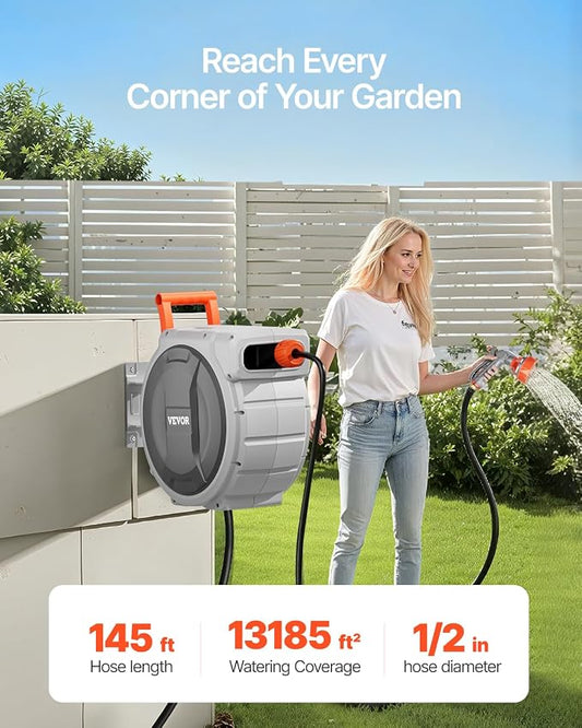 VEVOR Retractable Garden Hose Reel, 1/2 Inch x 145 ft Wall Mounted Hose Reel, Heavy Duty Garden Hose Reel with 9 Patterns Nozzle, Any Length Lock, Upgraded Slow Return System and 180°Swivel Bracket | Heavy Duty Garden Tool with 9 Patterns Nozzle, Any L...