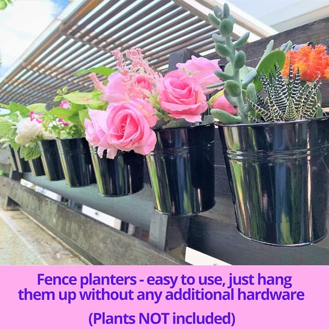 LaLaGreen Small Hanging Planters - 10 Pack, 4 Inch Black Metal Bucket Small Flower Pots for Outdoor Outside, Balcony Railing Hanging, Cute Garden Decor Rail Wall Farmhouse Rustic Deck Porch Succulent | Balcony railing planters for apartment, patio, por...