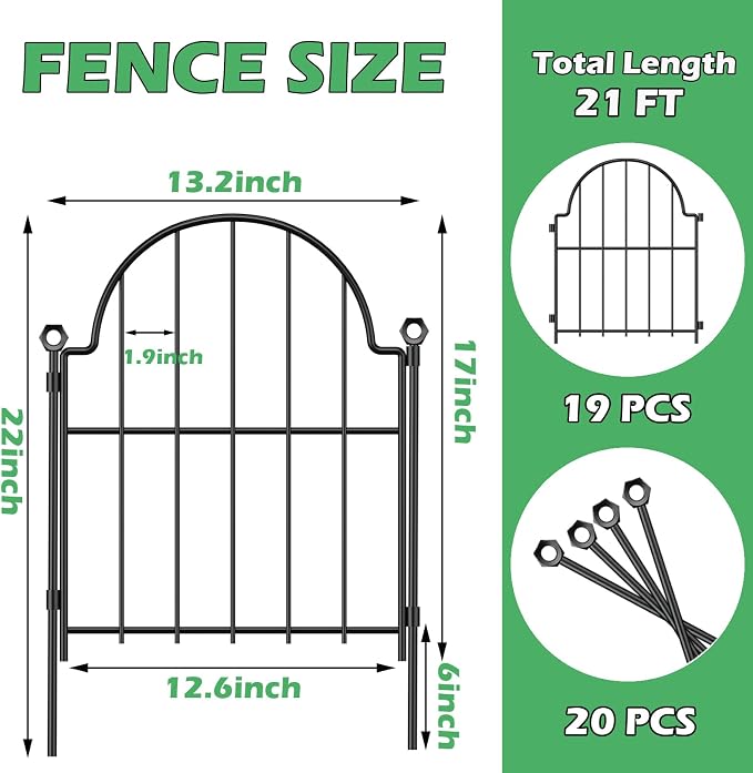 Blingluck Decorative Garden Fence, 17 in(H) x 21 ft(L) Arched Rustproof Metal No Dig Garden Fence Border, Ground Stake Animal Barrier Fence for Rabbit, Outdoor Decor for Yard & Patio,19 Pack