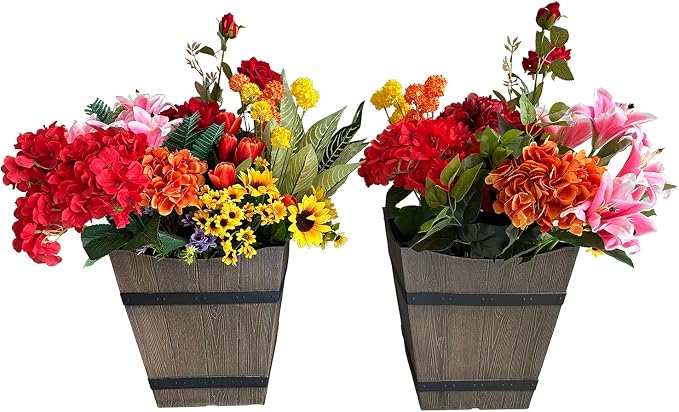 2 Pack 13 Inch Indoor & Outdoor Plastic Plant Pots, Flower Pots, Flower Planters with Imitation Wood Grain Design