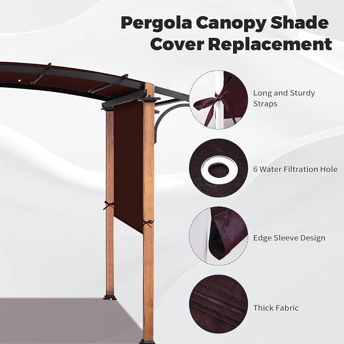 Waterproof Pergola Canopy Replacement Cover, 17' x 6.8',Brown | Waterproof polyester canopy with built-in drainage holes and adjustable tie straps for a secure fit in rain and wind.