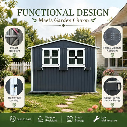 6x9 FT Outdoor Storage Shed with 2 Clear Openable Windows,Waterproof Metal Building Backyard Shed w/Windowsill & Garden Bed Flower Rack,Lockable Double Doors Tool Shed,for Yard,Coal Gray