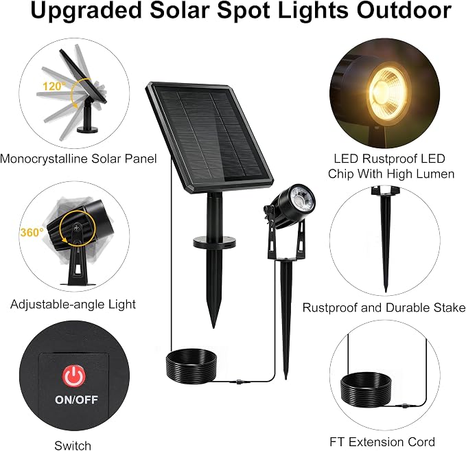 Sublume Solar Spot Lights Outdoor Waterproof for Flag, Palm Tree, 4-in-1 Solar Landscape Lighting Dusk to Dawn Solar Uplights, 3000K Bright LED Spotlights for Yard, Garden, House, Backyard, Patio