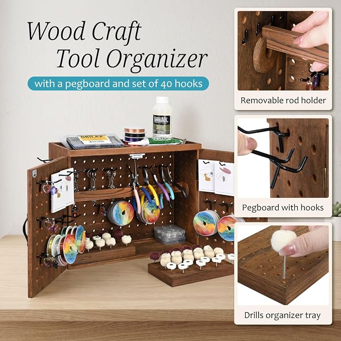 Ikee Design Wooden Pegboard Tool Organizer Box with Doors Wall Mount or Benchtop Jewelry Tool Storage with 40 Hooks & Bur Holders, Workshop Garage Craft Organizer Cabinet, Brown