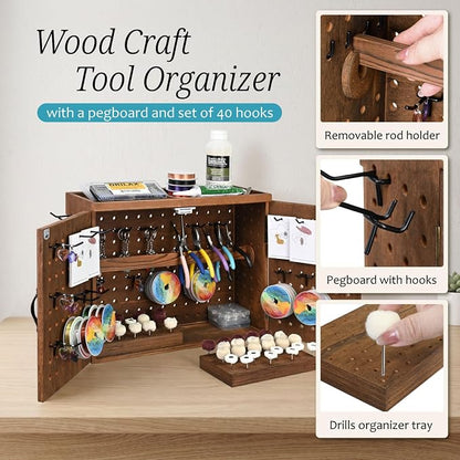Ikee Design Wooden Pegboard Tool Organizer Box with Doors Wall Mount or Benchtop Jewelry Tool Storage with 40 Hooks & Bur Holders, Workshop Garage Craft Organizer Cabinet, Brown