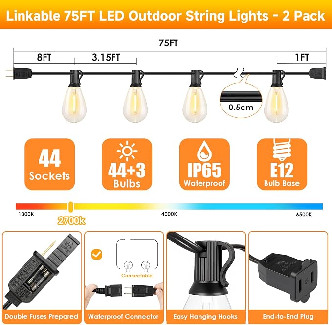 Larkvue 150FT(2x75FT) LED Outdoor String Lights S11 Dimmable Patio Light, with 44+3 Waterproof Shatterproof Edison 2700K Bulbs for Yard Balcony, Black