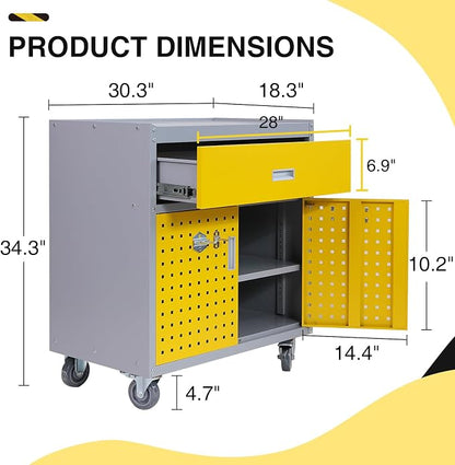 Metal Storage Cabinet with Wheels 30" x 18" x 34" Mobile Metal Garage Cabinet with 1 Drawer & 2 Doors Small Rolling Tool Storage Cabinet with 1 Adjustable Shelf & 4 Hanging Hooks, Yellow & Gray