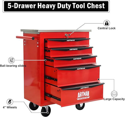 5-Drawer Rolling Tool Chest, Lockable Stainless Worktop for Garage, Red | Heavy Duty Metal Tool Cabinet with Drawers on Wheels for Warehouse and Workshop Storage