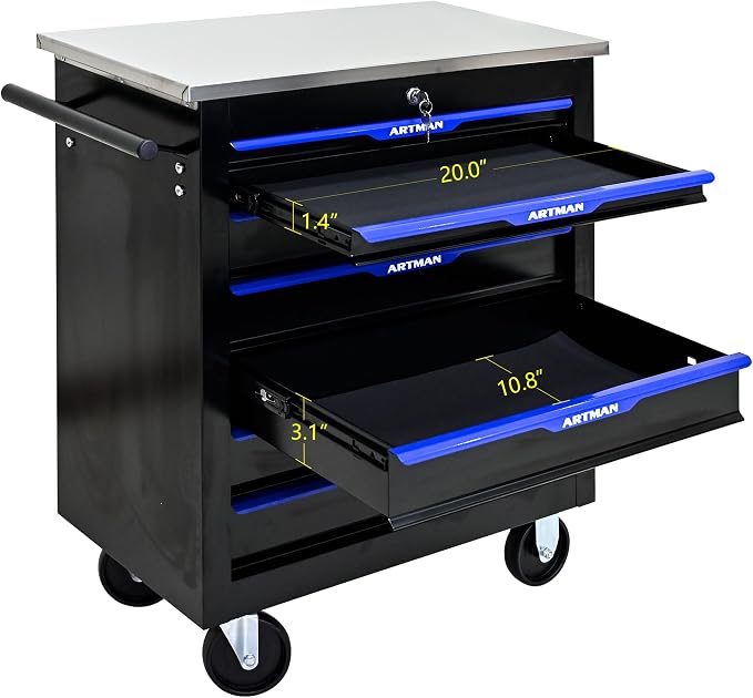 7-Drawer Rolling Tool Chest, Lockable Stainless Top for Garage, Black&Blue | Heavy Duty Modular Roll Around Tool Cabinet with Drawers for Workshop and Tool Box Storage