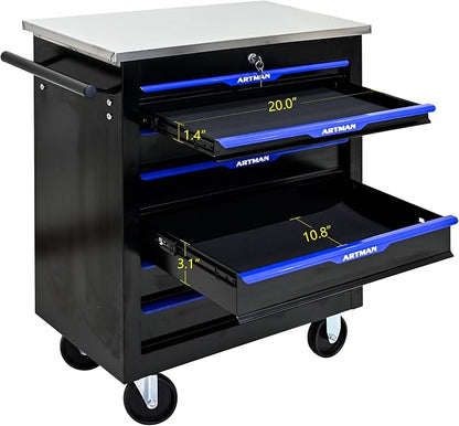 7-Drawer Rolling Tool Chest, Lockable Stainless Top for Garage, Black&Blue | Heavy Duty Modular Roll Around Tool Cabinet with Drawers for Workshop and Tool Box Storage