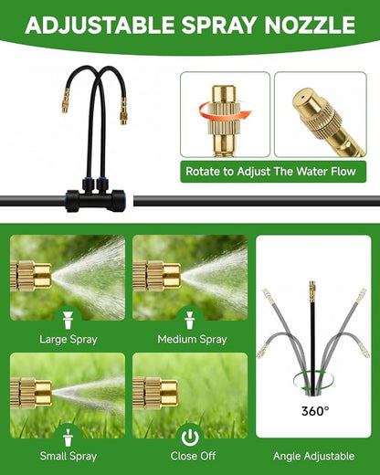 66FT Drip Irrigation System with Timer, Automatic Watering System Kit with Solid Brass Metal Connectors, 360° Dual‑Outlet Adjustable Nozzles for Garden, Yard, Lawn, Greenhouse & Potted Plants