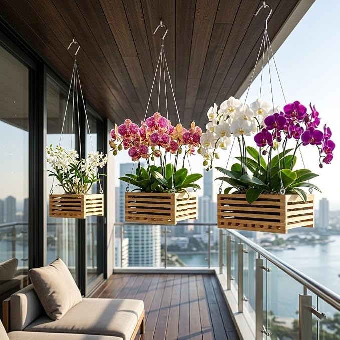 Wooden Orchid Baskets with Hangers for Ferns & Vandas, 6", 8" & 10" Square Wood Hanging Planter Set for Patio, Balcony Decor, Garden Flower Pots for Indoor Outdoor Plants, 3 Pack