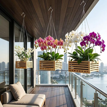 Wooden Orchid Baskets with Hangers for Ferns & Vandas, 6", 8" & 10" Square Wood Hanging Planter Set for Patio, Balcony Decor, Garden Flower Pots for Indoor Outdoor Plants, 3 Pack
