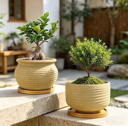 MUZHI Rustic 4 inch Bonsai Plant Pot with Bamboo Tray Set of 4, Unglazed Ceramic Succulent Cactus Pot Indoor Outerdoor with Drainage Hole
