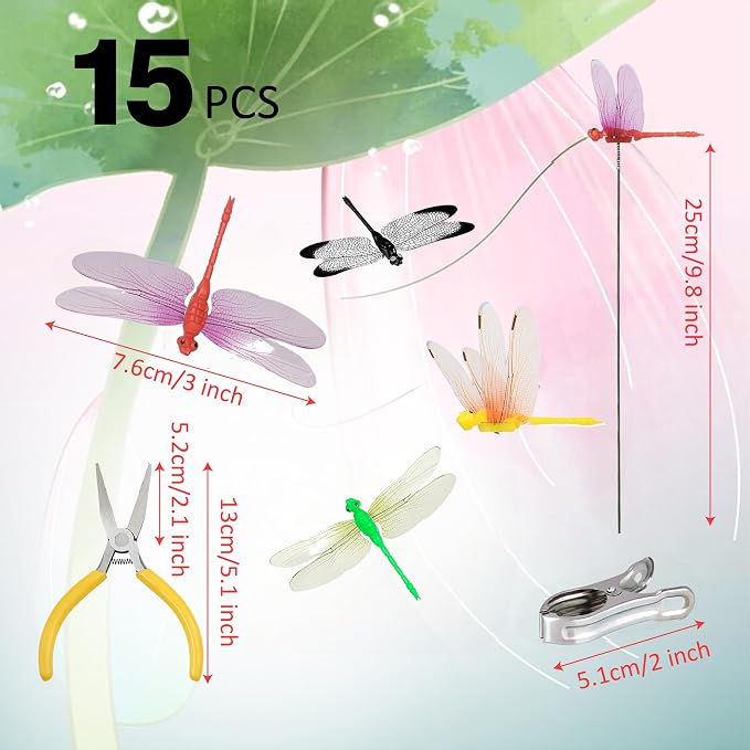15 Pcs Dragonfly Garden Stakes with Clips, 3D Plastic Fake Dragonfly Garden Stakes with Pliersfor Yard, Patio Outdoor Decor & Indoor Plants Ornaments, Dragon Fly Hat Clip (5 Colors)