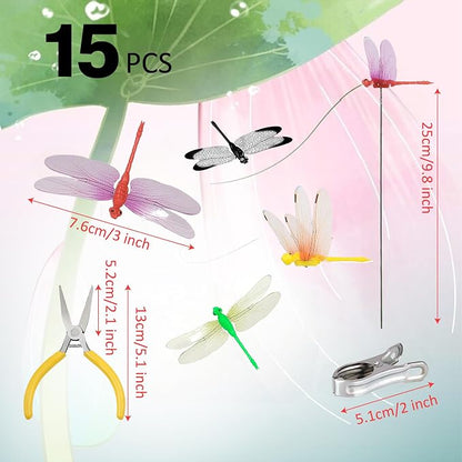 15 Pcs Dragonfly Garden Stakes with Clips, 3D Plastic Fake Dragonfly Garden Stakes with Pliersfor Yard, Patio Outdoor Decor & Indoor Plants Ornaments, Dragon Fly Hat Clip (5 Colors)