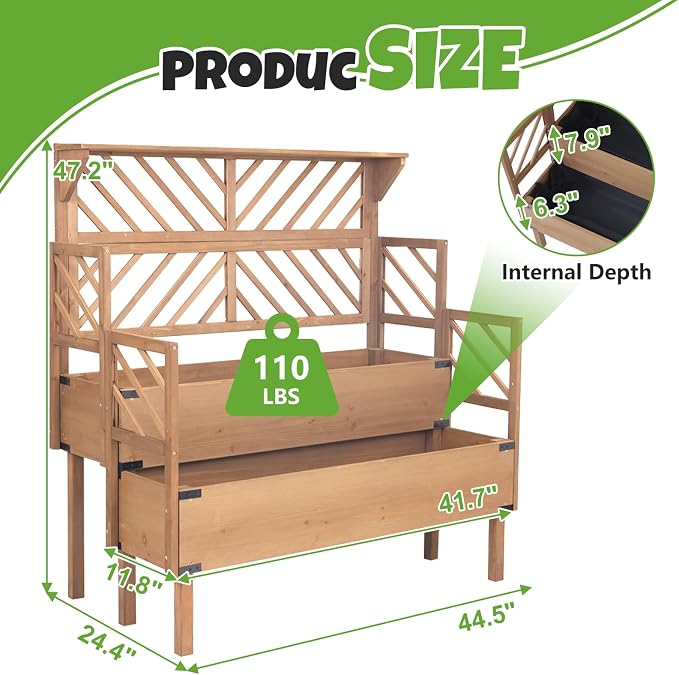 Raised Garden Bed with Trellis & 2 Planter Boxes, Elevated Planter Box with Drainage Slits Liner & Top Shelf, for Climbing Plants, Flowers, Vegetables, Herbs, Backyard Balcony Patio