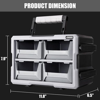 4 Bin Modular Stackable Storage Organizer System with Interlocking Frame, Removable Handle, Wall-Mount Back Panel, Heavy-Duty Garage & Workshop Storage Solution