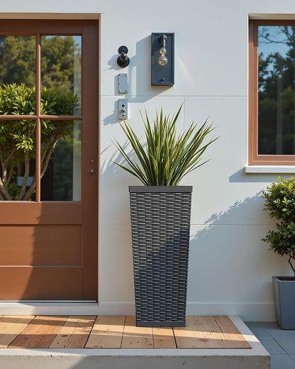 Greesum 24 Inch Tall Plastic Planters with Rattan Texture – Set of 2, Detachable Inner Pot & Drainage Holes, Indoor/Outdoor Decorative Flower Pots for Large Plants, Trees, Patio, and Garden, Black