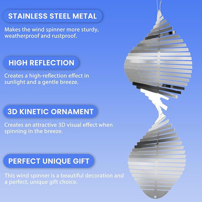 Stainless Steel Wind Spinners Outdoor Garden Decor, Gifts for Women Mom,3D Metal Reflective Bird Devices Deterrent to Keep Scare Woodpecker Pigeon Away Outside Patio Yard House (Silver Spiral,10 Inch)