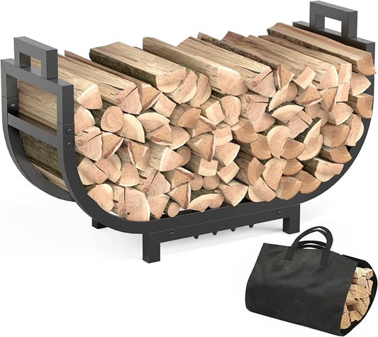 30 Inch Firewood Rack Outdoor Indoor with Handle and Log Carrier Bag, Stable Metal Wood Rack Heavy Duty Log Holder for Fireplace Patio Deck, Rustproof Firewood Storage Organizer Tool, Black