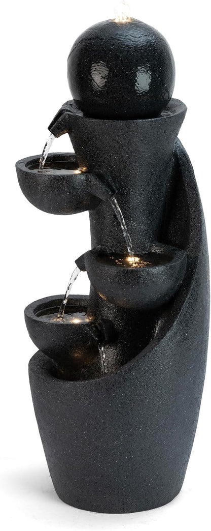 Glitzhome Outdoor Water Fountain with LED Light & Pump, Modern 5-Tier Bowl and Sphere Polyresin Outdoor Fountain, 33.5" Cascading Waterfall Fountain Water Feature for Porch Deck Patio Backyard Decor