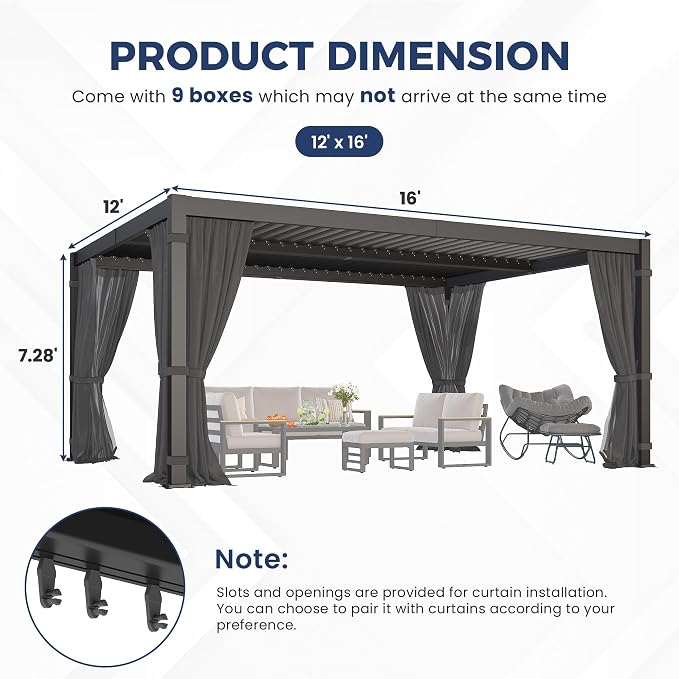 12' x 16' Louvered Pergola, Aluminum Frame Outdoor Pergola with Curtains & Netting, Adjustable Louvered Roof & Integrated Gutter System, Hardtop Patio Gazebo for Backyard, Patio, Garden, Dark Gray