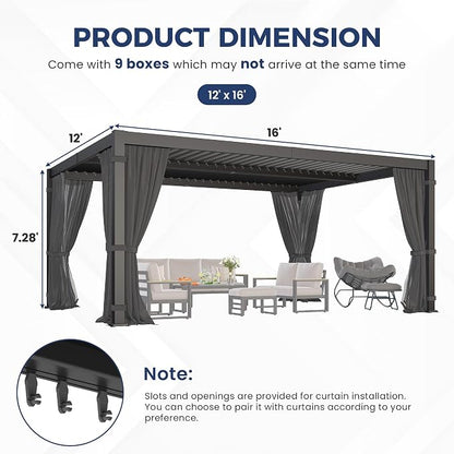 12' x 16' Louvered Pergola, Aluminum Frame Outdoor Pergola with Curtains & Netting, Adjustable Louvered Roof & Integrated Gutter System, Hardtop Patio Gazebo for Backyard, Patio, Garden, Dark Gray