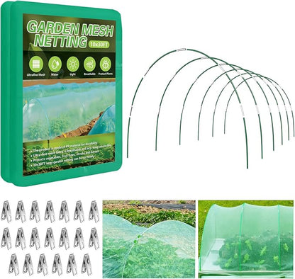 Garden Netting Kit for Raised Beds, 10x30FT Green Ultra Fine Mesh Netting ＆6 Sets of 8FT Garden Hoops, Insect Netting Row Cover Net Protect Plants Vegetable Fruits Flowers