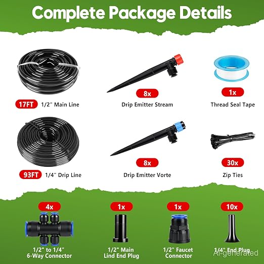 110FT Drip Irrigation System Kit, Automatic Garden Watering System Quick-Connect Adjustable Sprinklers for Raised Garden Beds, Greenhouse, Yard, Lawn, Plant with 1/2" & 1/4" Tubing and Accessories