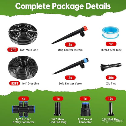 110FT Drip Irrigation System Kit, Automatic Garden Watering System Quick-Connect Adjustable Sprinklers for Raised Garden Beds, Greenhouse, Yard, Lawn, Plant with 1/2" & 1/4" Tubing and Accessories