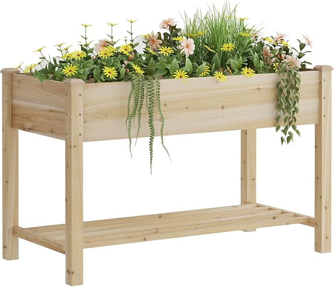 48x24x30.7in Wood Raised Garden Bed with Legs Wooden Planter Box with Storage Shelf Elevated Wood Planter Box for Vegetables Flowers Herbs Garden Planter for Backyard Patio Balcony (Natural, Medium)