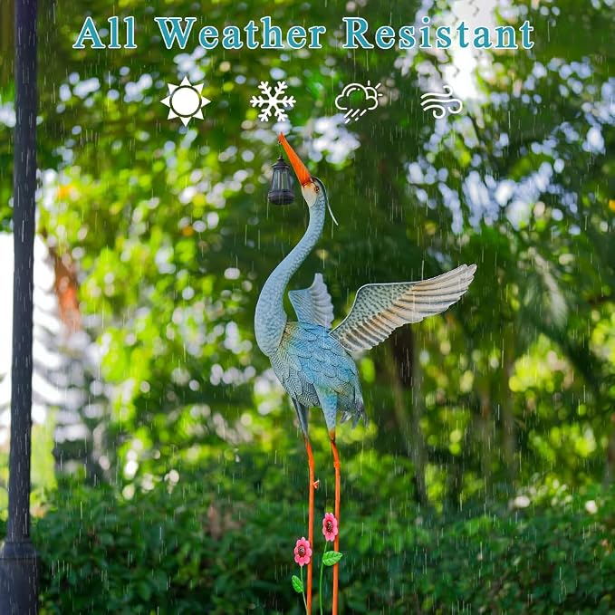 Crane Garden Statue with Solar Lantern,Large Blue Heron Outdoor Staue | Metal Crane Sculpture, Yard Art Decor for Garden, Lawn, Backyard, Porch