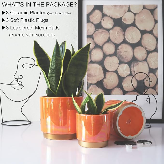 Gepege Ceramic Indoor Pots for Plants, Rainbow Pearl Glaze Planter with Drainage Hole, 6.0 inch+5.0 Inch+4.0 Inch. Orchid Flower Pots