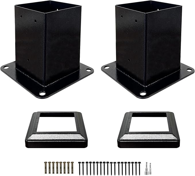 2 Pack 4x4 Post Base with Decorative Cover, Heavy Duty Iron Deck Post Base, 3.6" x 3.6" Inner Size, Black Powder Coated Fence Post Base for Deck, Pergola, Porch Railing, Mailbox, Gazebo