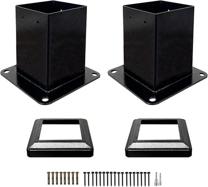 2 Pack 4x4 Post Base with Decorative Cover, Heavy Duty Iron Deck Post Base, 3.6" x 3.6" Inner Size, Black Powder Coated Fence Post Base for Deck, Pergola, Porch Railing, Mailbox, Gazebo