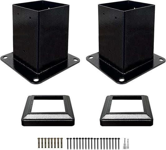 2 Pack 4x4 Post Base with Decorative Cover, Heavy Duty Iron Deck Post Base, 3.6" x 3.6" Inner Size, Black Powder Coated Fence Post Base for Deck, Pergola, Porch Railing, Mailbox, Gazebo