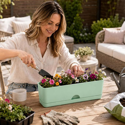 6 Pack Rectangle Planter 16x4.4 Inch Window Boxes Planters Rectangular Window Sill Planters Indoor Self Watering Plant Pots with Drainage Holes and Saucers Succulent Herb Flower Pots, Green