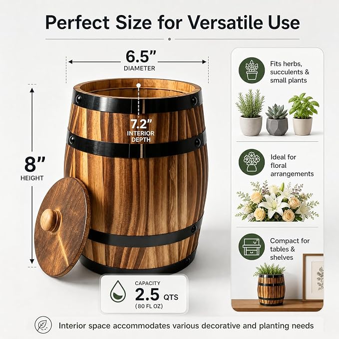 Sunmuliiiy4Pcs Wood Wine Barrel Vase 8" x 6.5" Rustic Wooden Flower Vase Rustic Barrel Barrel Planter for Wedding Reception Table Decoration Home Indoor Outdoor Garden, Kitchen, Party Table Decoration