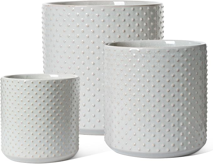 LE TAUCI 10+8+6 Inch Ceramic Pots for Plants, Indoor Planters with Drainage Hole and Plug, Raised Dots Cylinder Flower Pots Set of 3 for Office and Living Room, Glossy, Star Gray