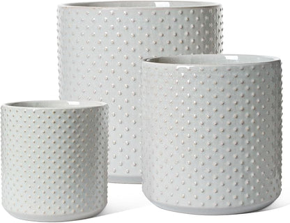 LE TAUCI 10+8+6 Inch Ceramic Pots for Plants, Indoor Planters with Drainage Hole and Plug, Raised Dots Cylinder Flower Pots Set of 3 for Office and Living Room, Glossy, Star Gray