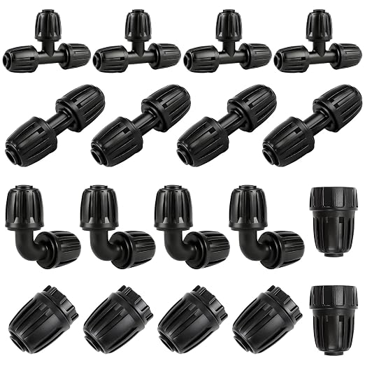 18 Pieces1/2 Inch Drip Irrigation Fittings Kit, 1/2'' Drip Line Barbed Locked Connectors for 1/2 Inch Irrigation Tubing (1/2" ID x 0.670" OD) Includes Coupling Tee Elbow Plug Faucet Adapter