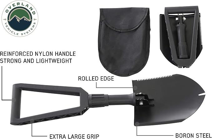 Overland Vehicle Systems Multi Functional Military Style Utility Shovel with Nylon Carrying Case Universal - Reinforced Handle with Locking Collar - #50 Boron Steel Spade