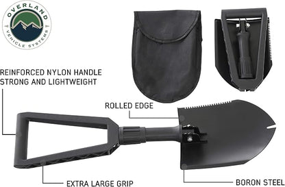 Overland Vehicle Systems Multi Functional Military Style Utility Shovel with Nylon Carrying Case Universal - Reinforced Handle with Locking Collar - #50 Boron Steel Spade