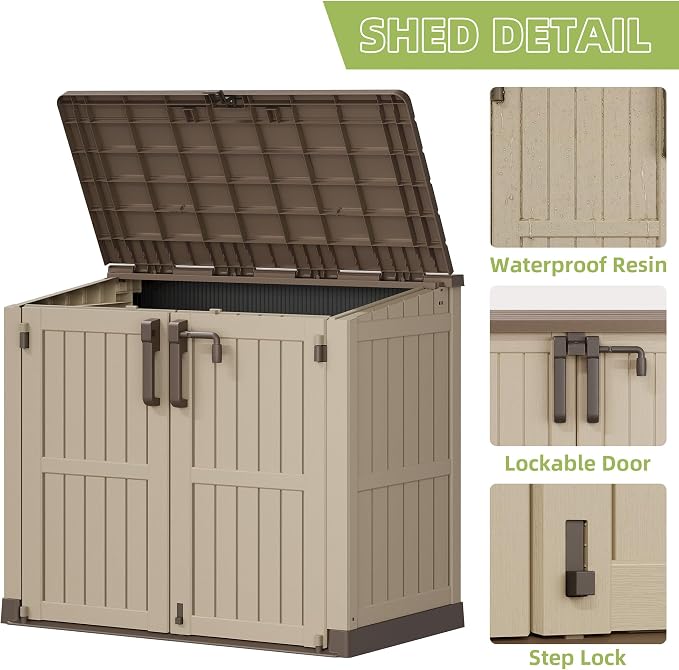 Outdoor Horizontal Resin Storage Box 36 Cu Ft with Lockable Doors, Portable Outdoor Storage Shed -Waterproof Outdoor Storage Cabinet for Garden Brown-Beige