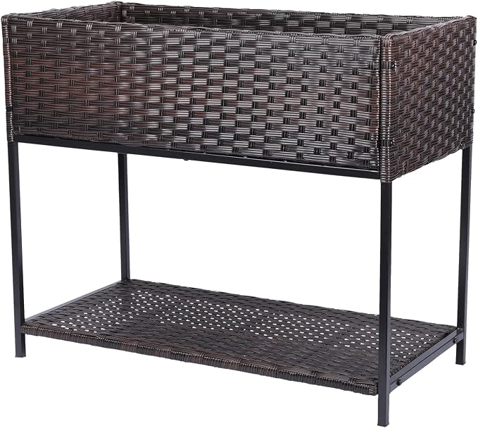 Raised Garden Bed - 3x1.5x2.5 ft Rattan Raised Bed Wicker Elevated Raised Garden Bed with Underneath Tool Storage Rack Shelf, Outdoor Raised Flower Planter Box