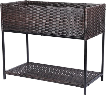 Raised Garden Bed - 3x1.5x2.5 ft Rattan Raised Bed Wicker Elevated Raised Garden Bed with Underneath Tool Storage Rack Shelf, Outdoor Raised Flower Planter Box