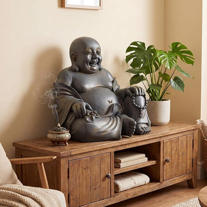 Cinnvoice 16x18 Inch Laughing Buddha Statue Outdoor Large Happy Sitting Buddha Statue Rustic Zen Monk Praying Sculptures Wealth Good Luck Feng Shui Decor for Indoor Garden Home Decoration