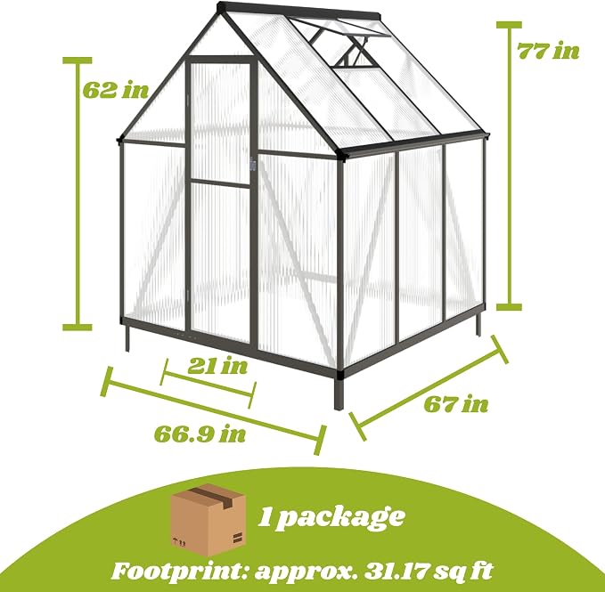 6x6FT Greenhouse for Outdoors, Polycarbonate Greenhouse with Quick Setup Structure and Roof Vent, Aluminum Large Walk-in Green House for Outside Garden Backyard, Charcoal Black