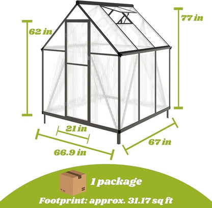 6x6FT Greenhouse for Outdoors, Polycarbonate Greenhouse with Quick Setup Structure and Roof Vent, Aluminum Large Walk-in Green House for Outside Garden Backyard, Charcoal Black